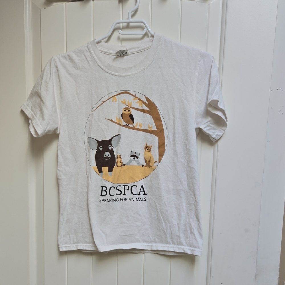 BC SPCA Kids Children White Animal Print Cotton T-Shirt Short Sleeve Medium